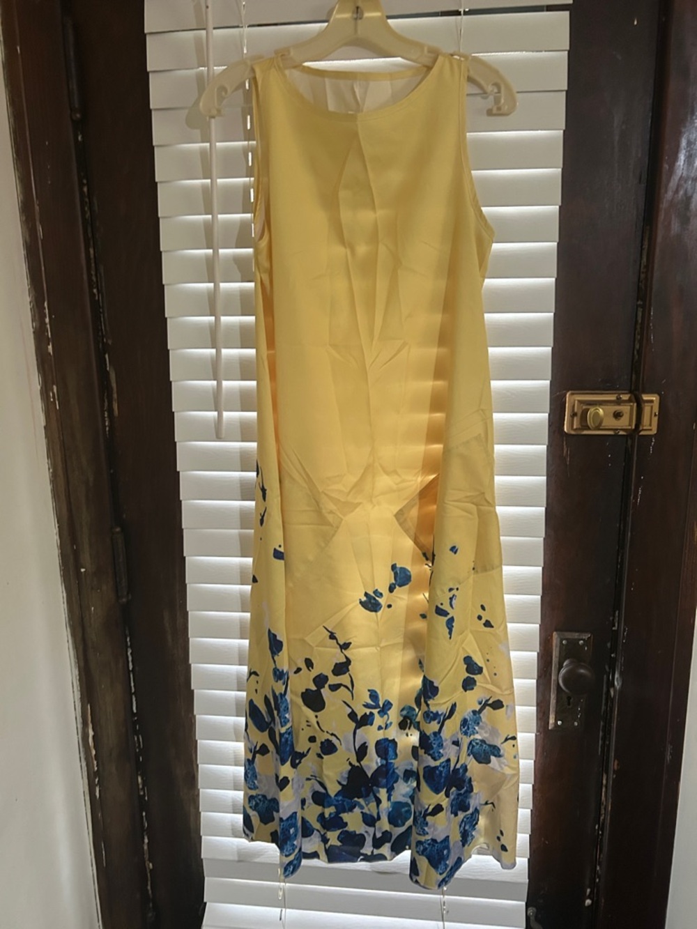 Yellow Sleeveless Maxi Dress with Blue Floral Hem